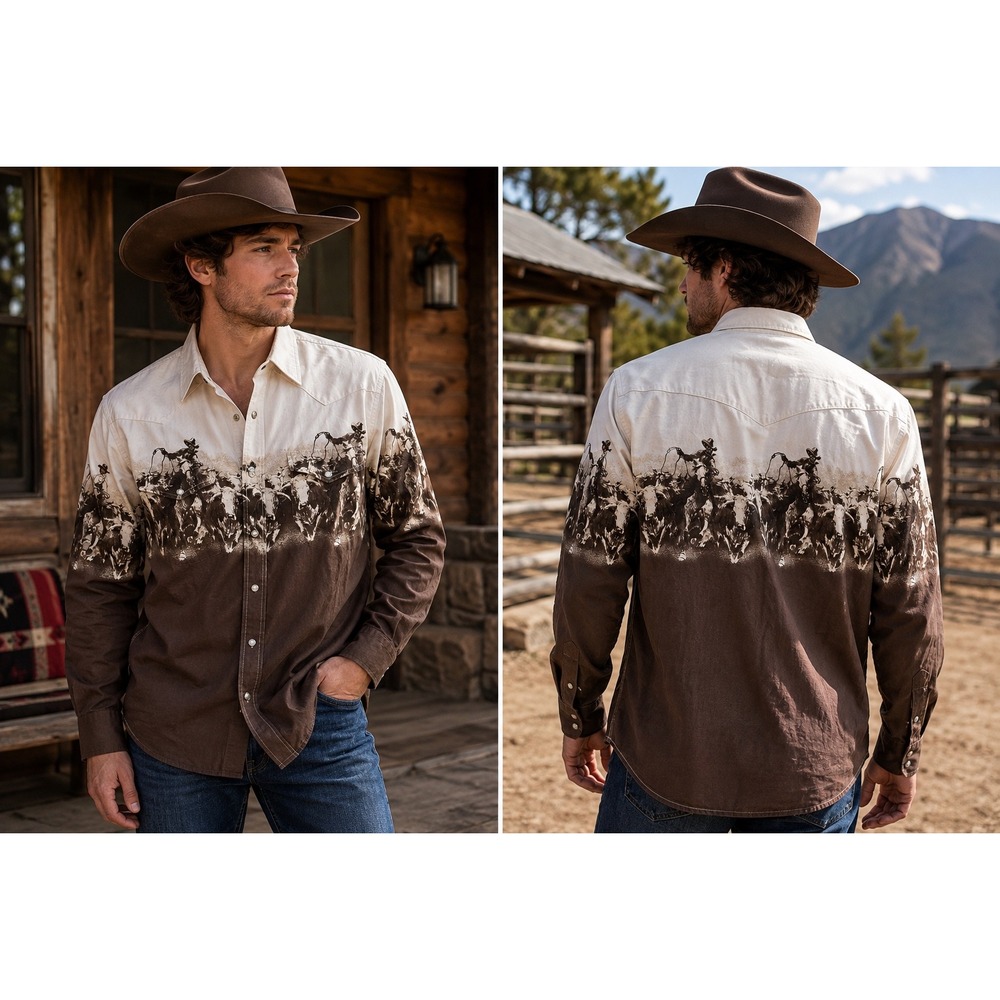 Roper Men's Large Western Shirt Cowboy Cattle Rodeo Pearl Snap Ranch Brown